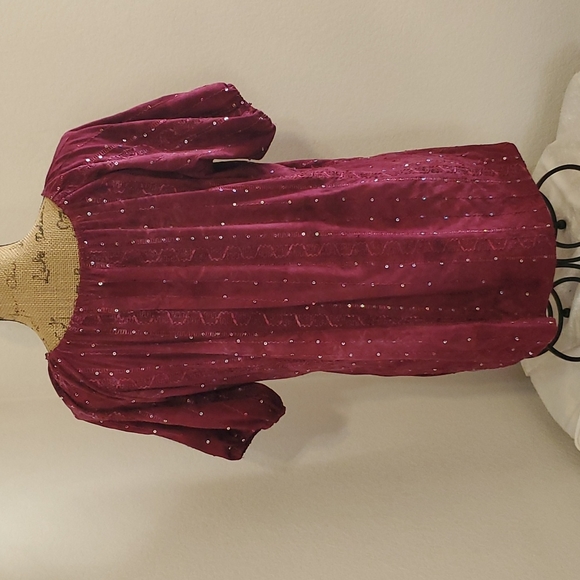 SHANNON FORD New York Burgundy Maroon tie dye Short Sleeve Sequin Top Tunic Lge. - Picture 6 of 8